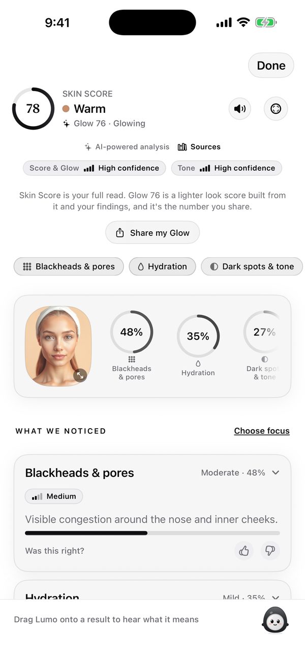 FaceLens results screen: skin score 78, warm undertone, concern rings and what we noticed