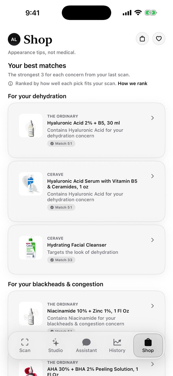 Shop screen with best matches per concern