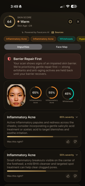 FaceLens skin score result